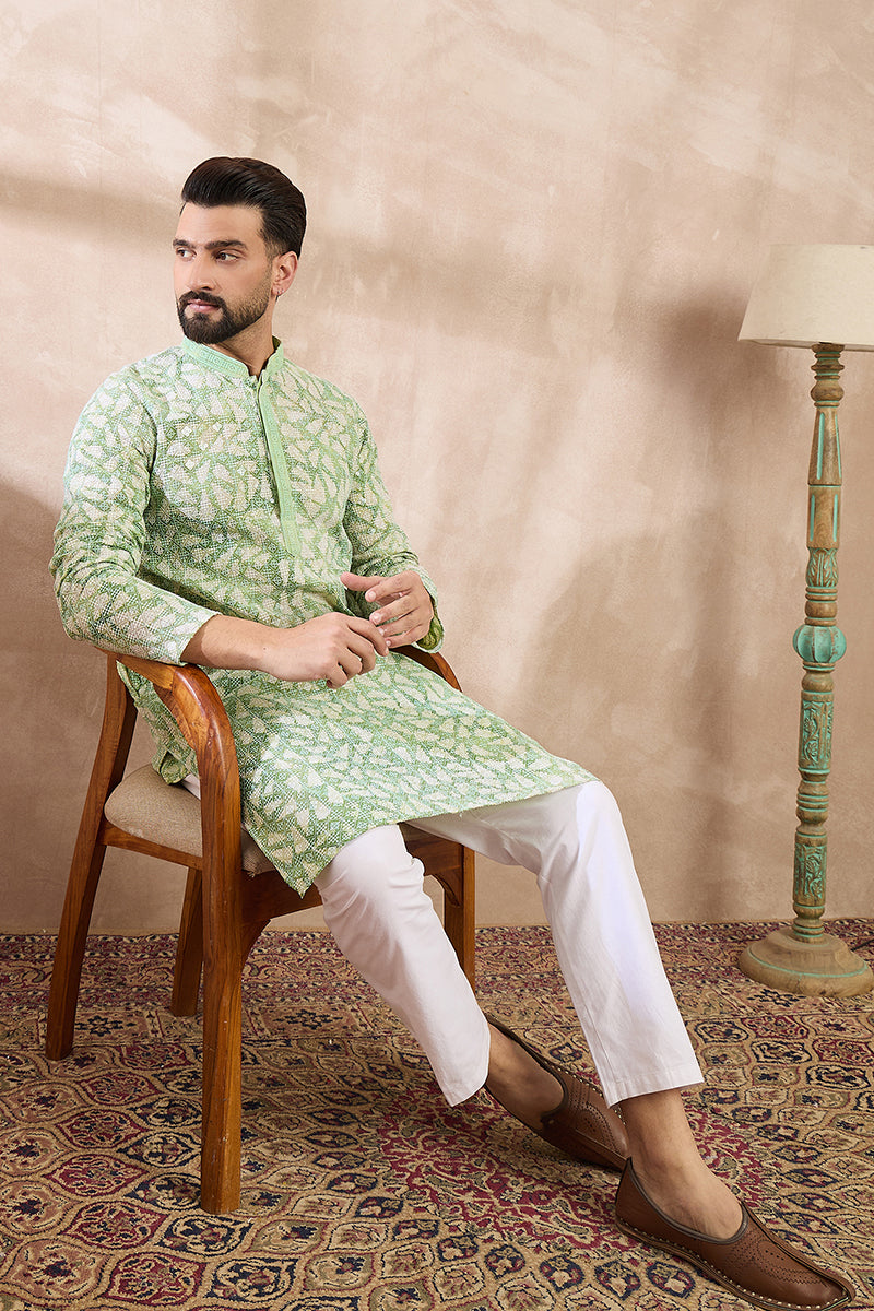 Green Viscose Rayon Ethnic Motifs Embroidered Straight Kurta With Trouser