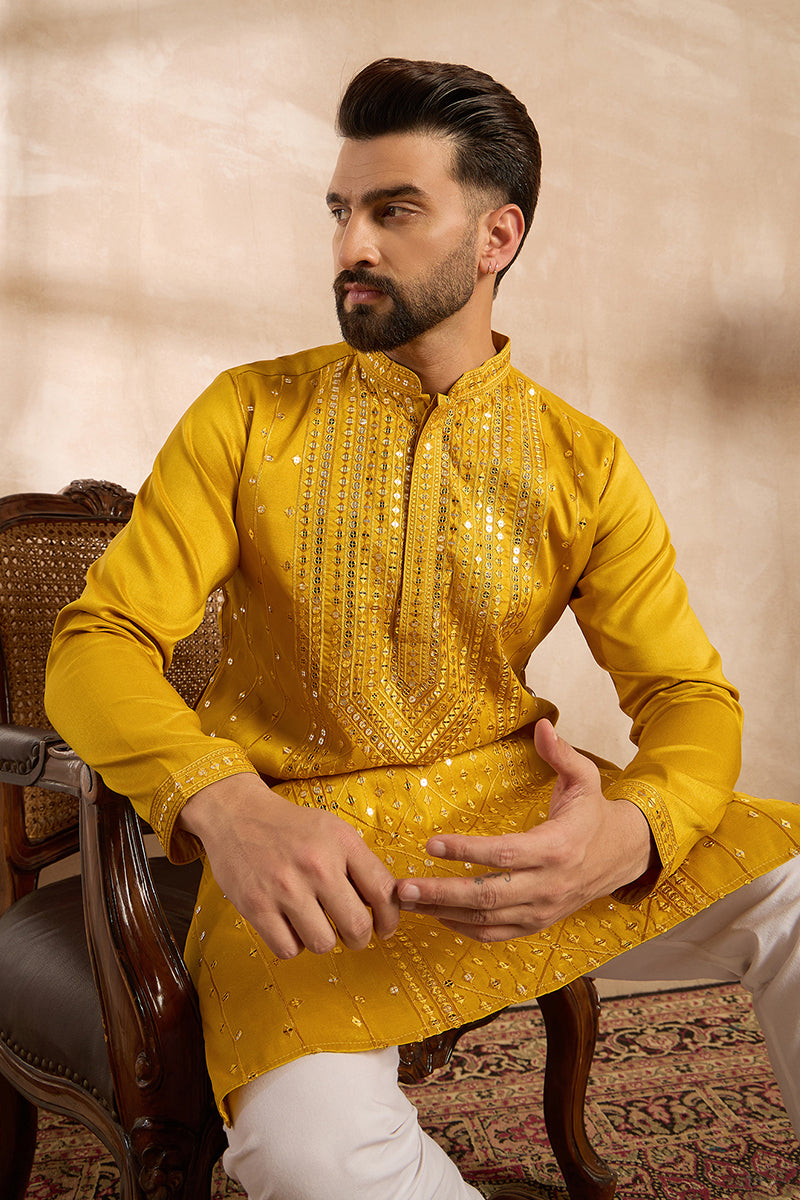 Yellow Silk Blend Geometric Embroidered Straight Kurta With Trouser