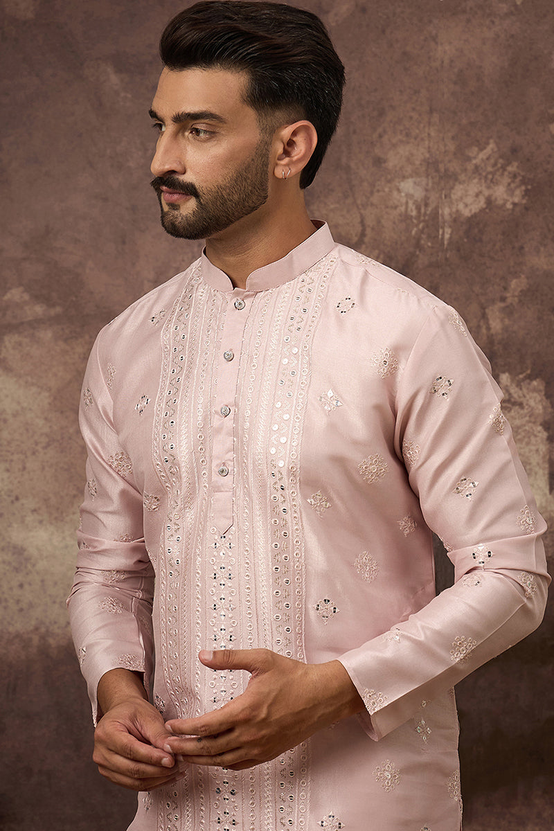 Pink Silk Blend Solid Embroidered Straight Kurta With Pant Set