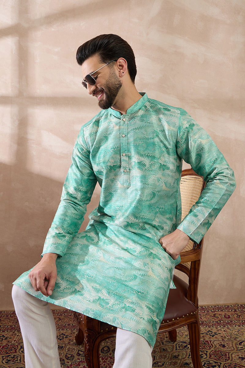 Green Silk Blend Printed Mandarin Collar Straight Kurta With Trouser