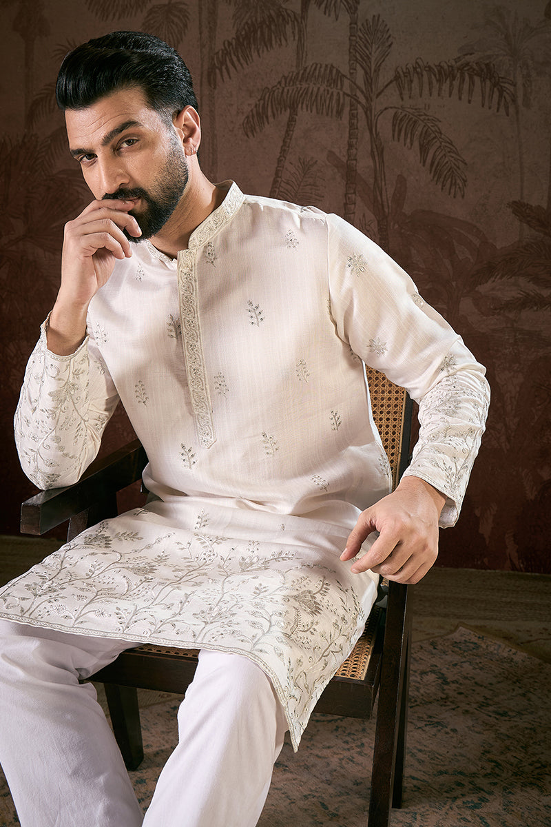 White Silk Blend Floral Embroidered Straight Kurta With Trouser