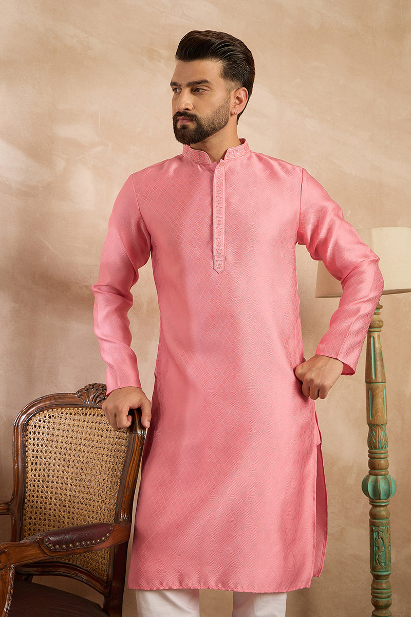 Pink Polyester Solid Embroidered Straight Kurta