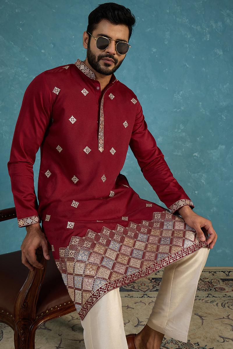 Silk Blend Maroon Solid Embroidered Calf Length Straight Kurta With Trousers