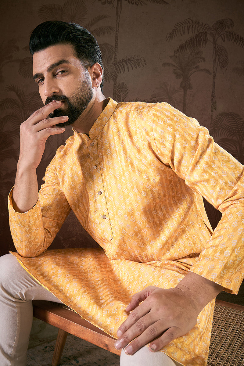 Yellow Silk Blend Ethnic Motifs Printed Straight Kurta With Trouser