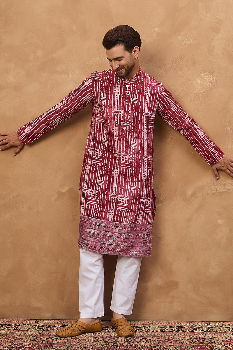 Red Viscose Rayon Batik Embroidered Straight Kurta