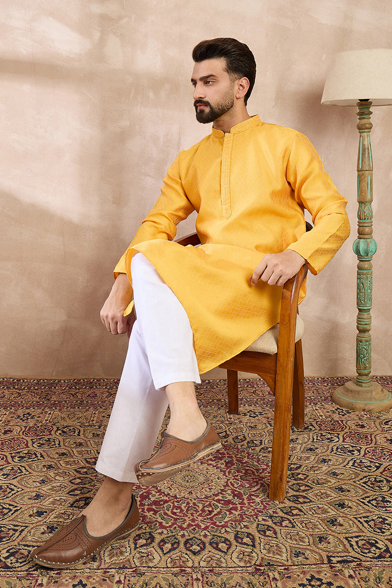 Yellow Silk Blend Solid Embroidered Straight Kurta With Trouser