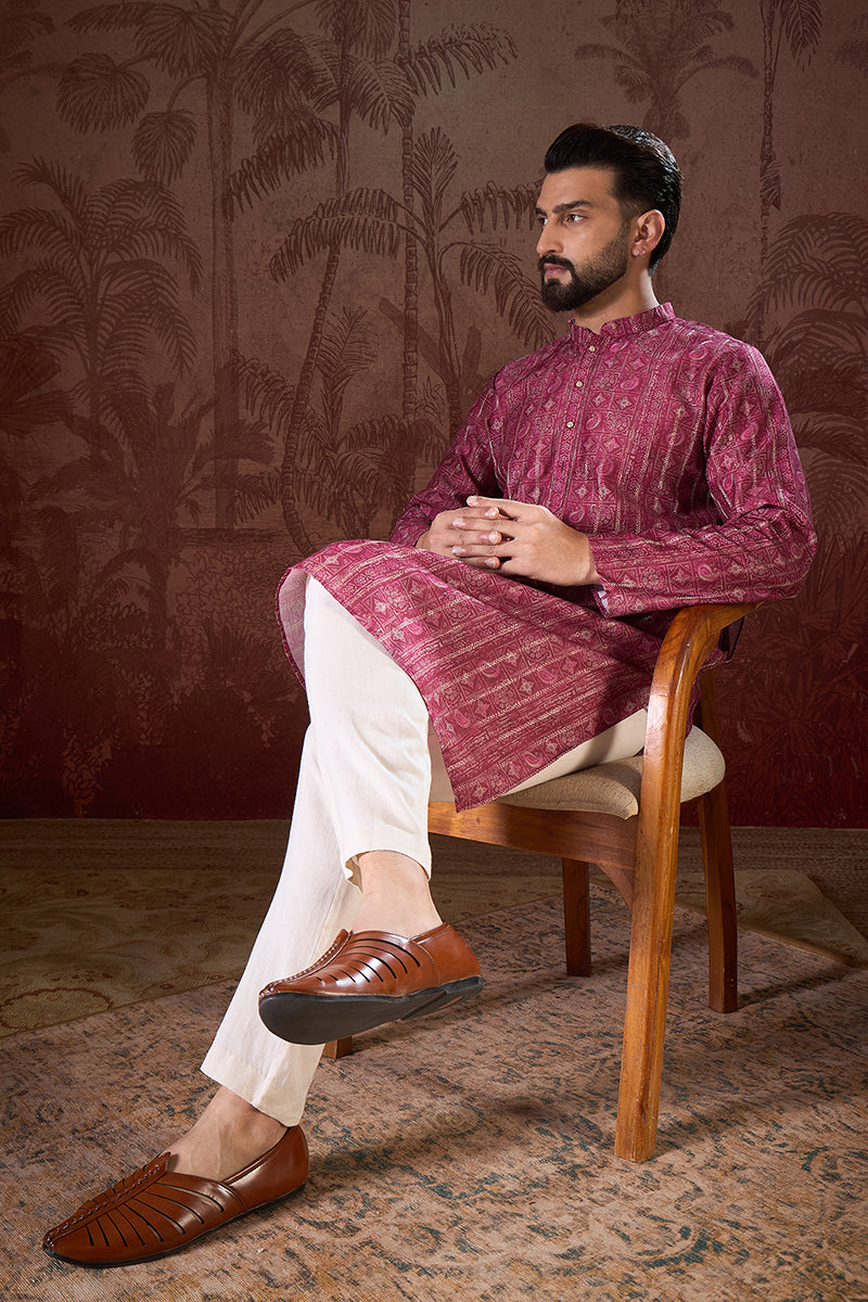 Maroon Silk Blend Ethnic Motifs Printed Straight Kurta