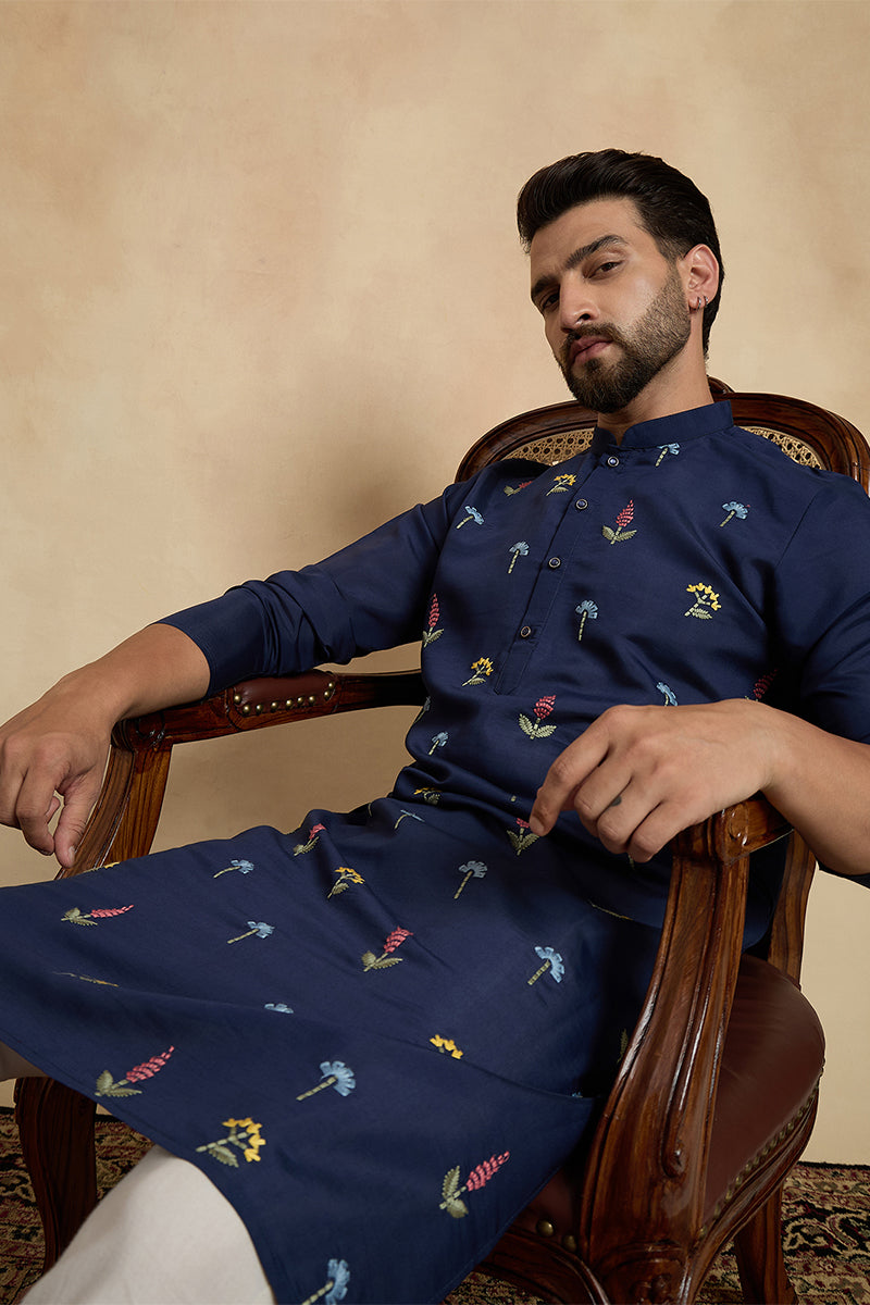 Mens Navy Blue Silk Blend Solid Embroidered Thread Work Kurta With Trouser