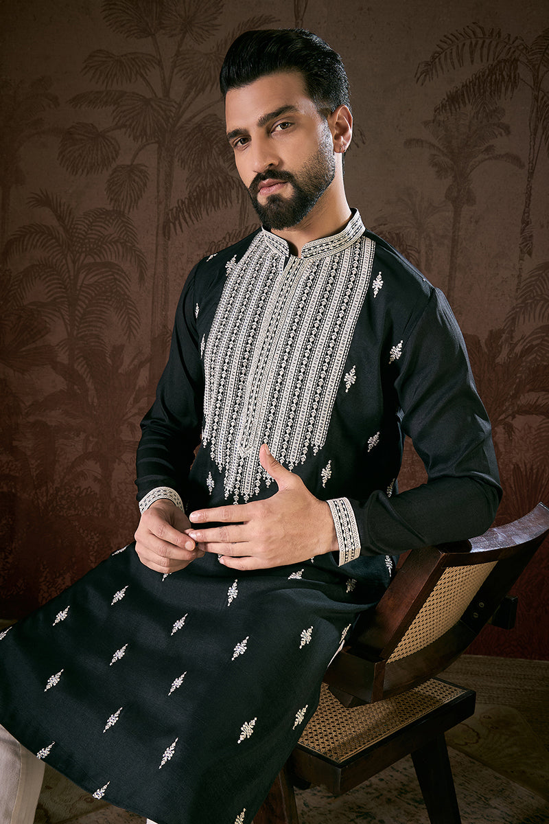 Black Silk Blend Solid Embroidered Straight Kurta