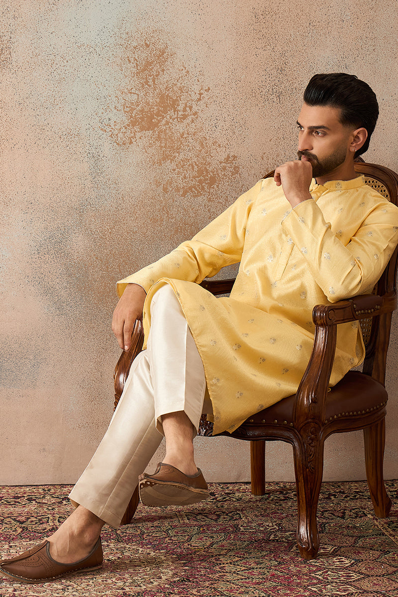 Mens Yellow Silk Blend Floral Straight Kurta