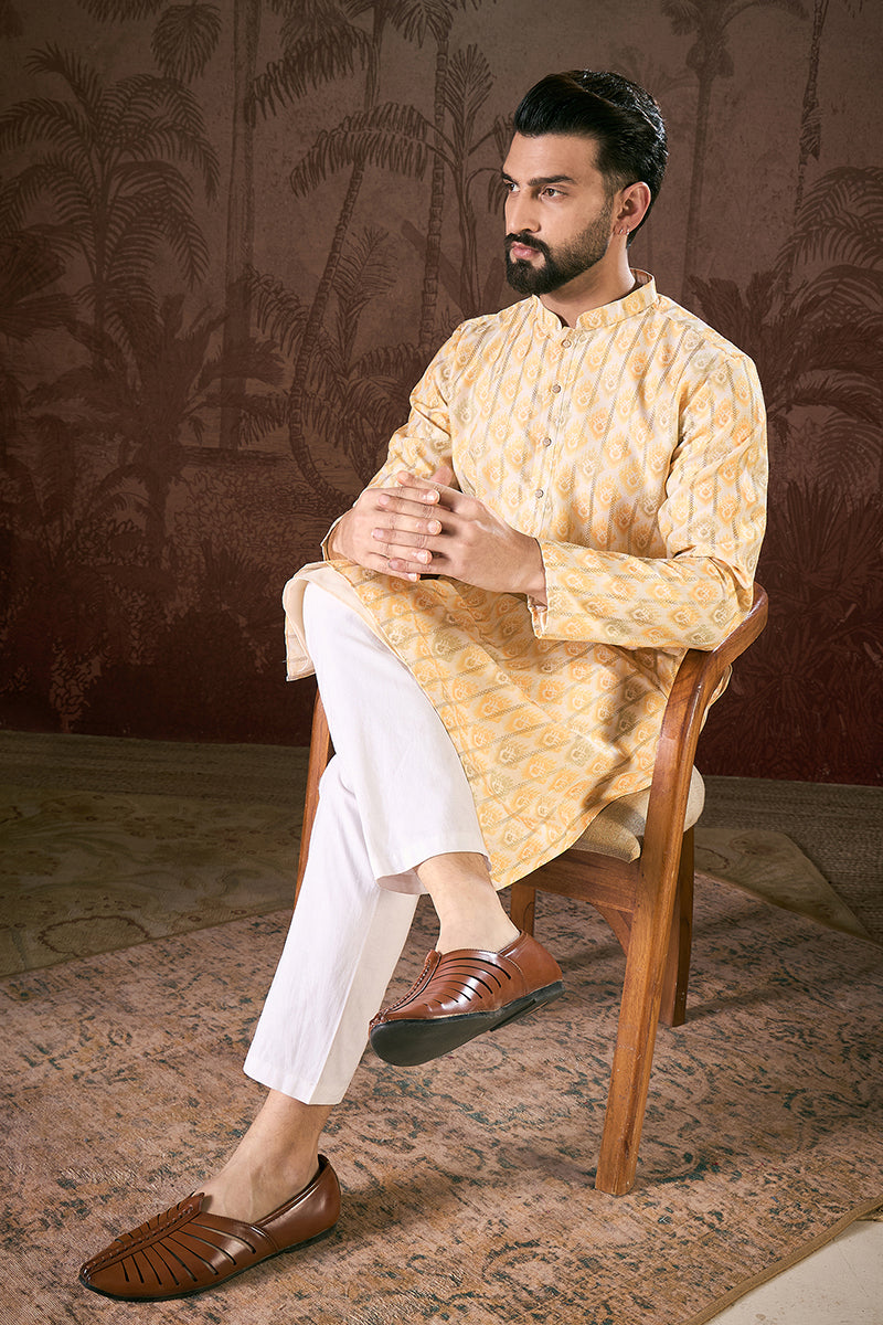 White Silk Blend Ethnic Motifs Printed Straight Kurta With Trouser
