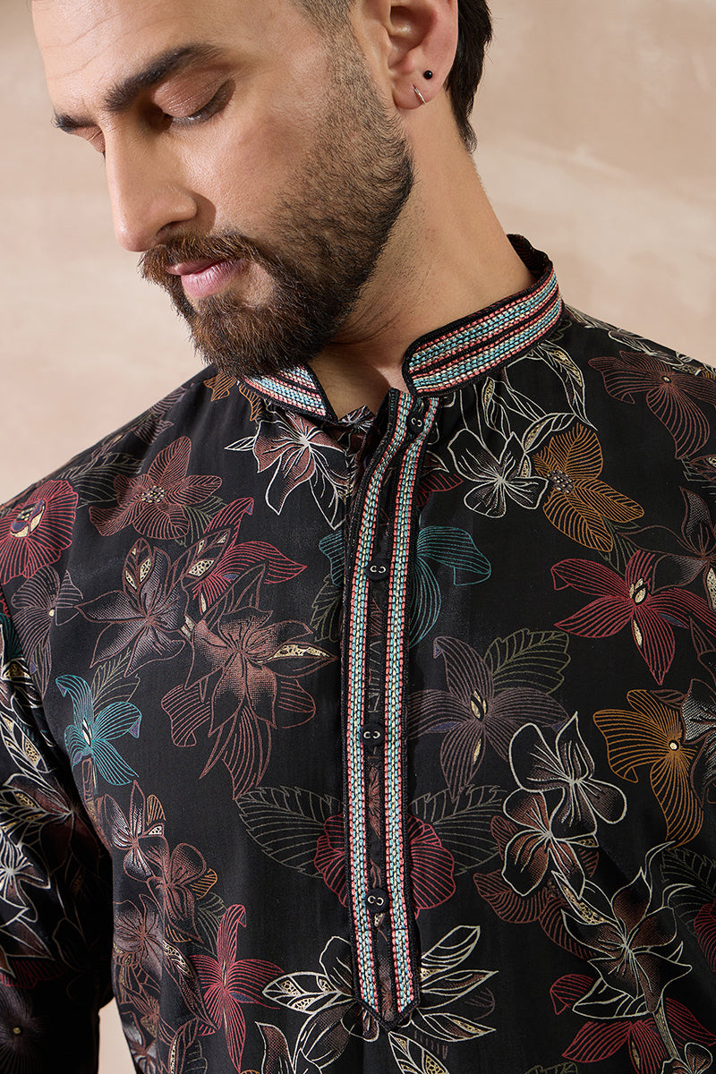 Black Silk Blend Printed Mandarin Collar Straight Kurta