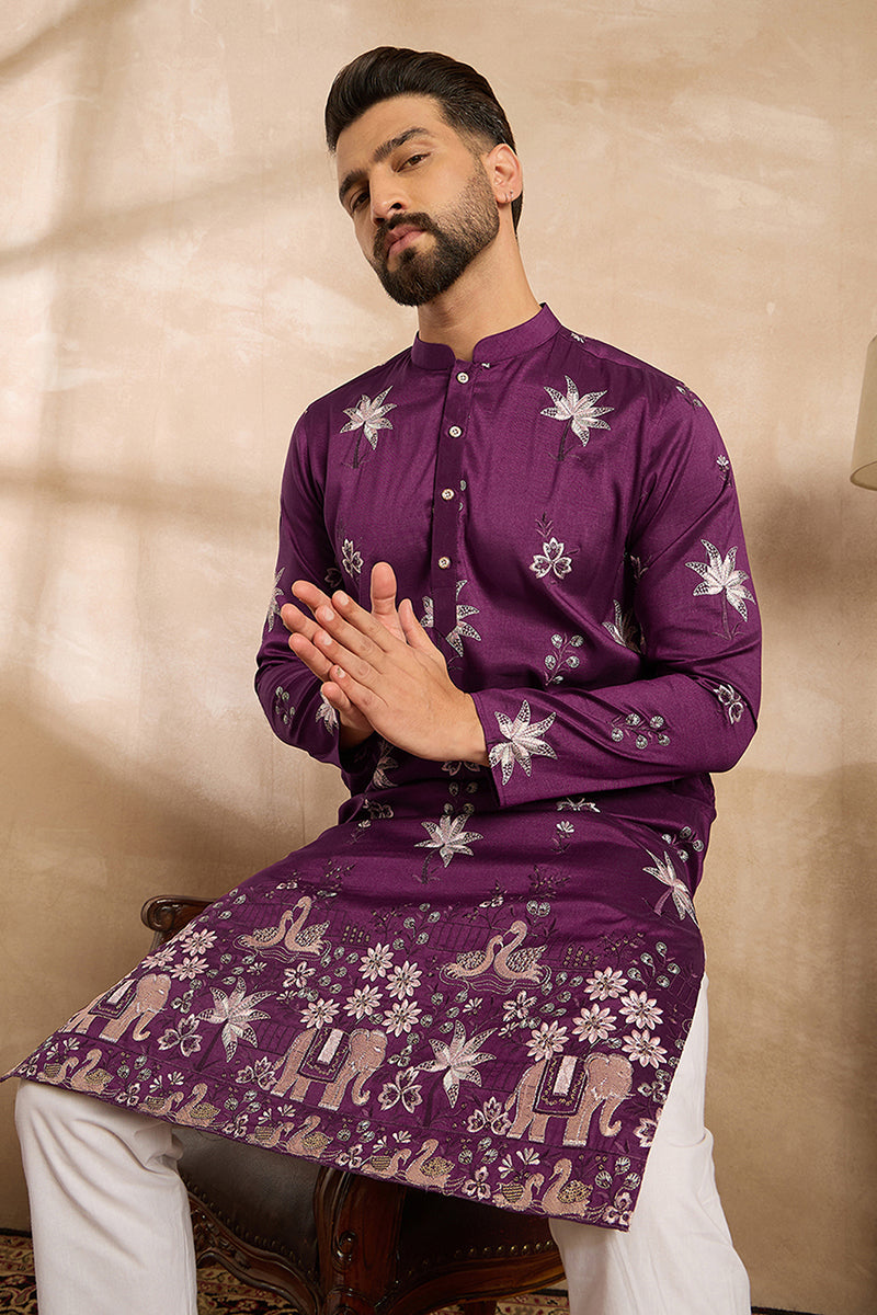 Purple Polyester Solid Embroidered Straight Kurta With Trouser