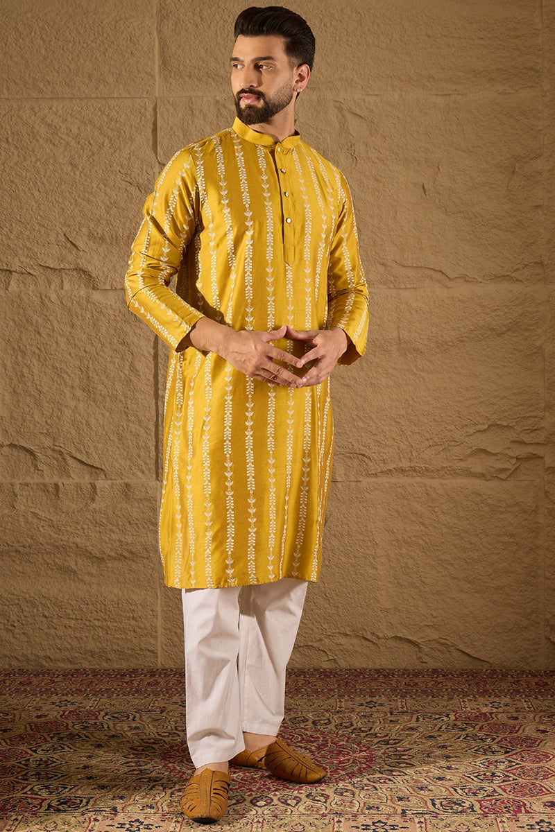 Yellow Viscose Rayon Ethnic Motifs Printed Straight Kurta with Trousers