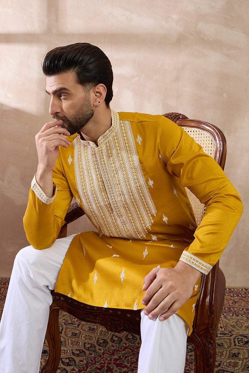 Yellow Silk Blend Embroidered Mandarin Collar Straight Kurta With Trouser