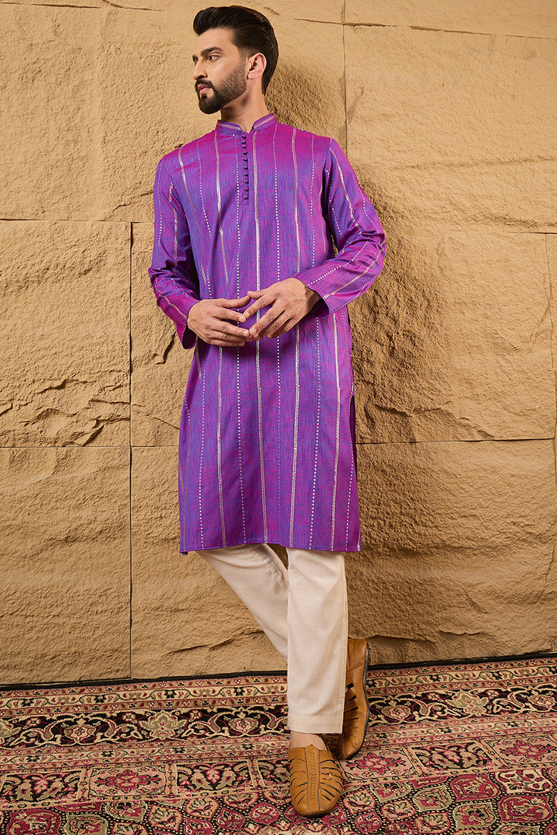 Purple Pure Cotton Solid Embroidered Straight Kurta with Trouser