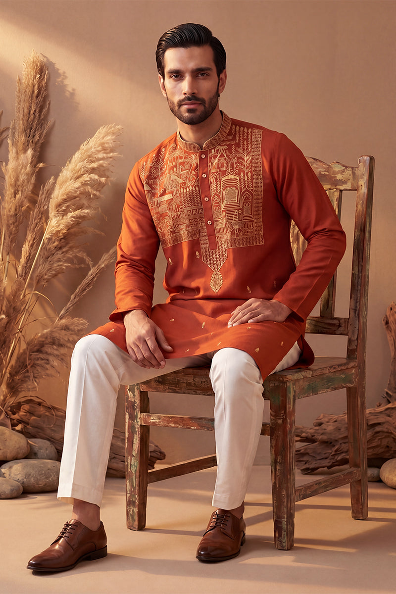 Mens Orange Silk Blend Solid Emboidered Straight Kurta