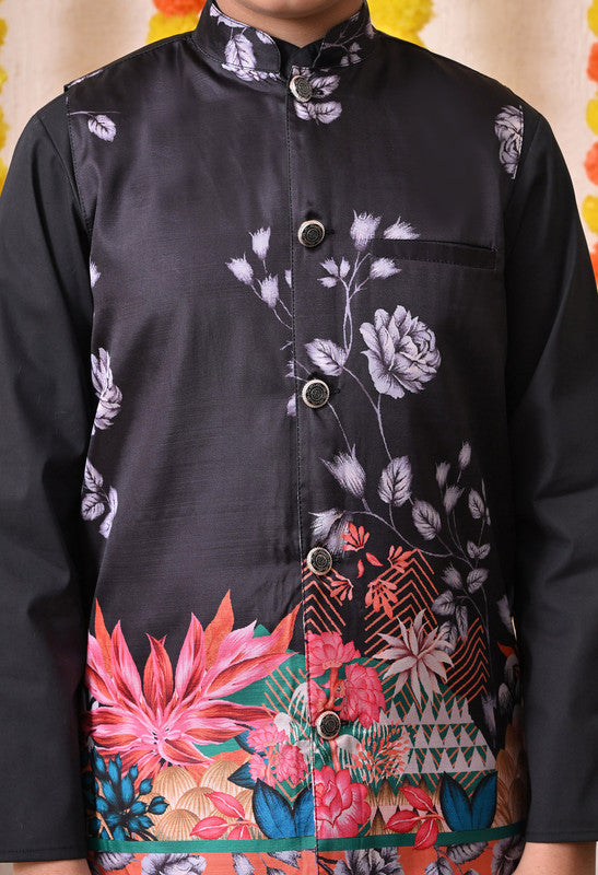 Indi Loom Couture Boys Black Kurta Pyjama with Printed Jacket Set ILBKSJ24
