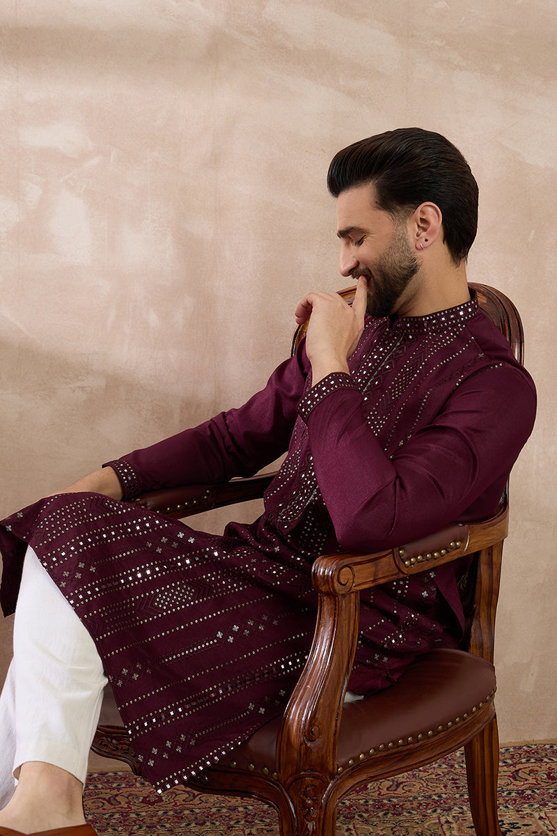 Purple Silk Blend Embroidered Mandarin Collar Straight Kurta