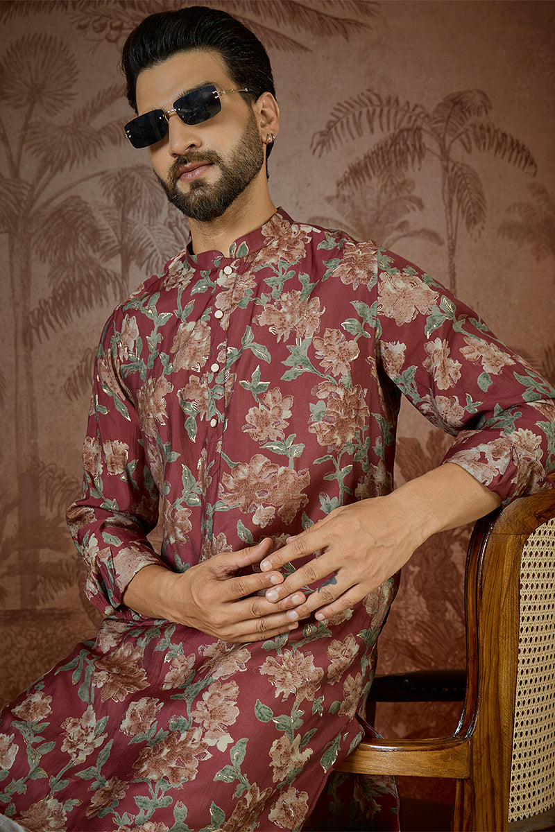 Mens Maroon Silk Blend Floral Printed Kurta With Trouser