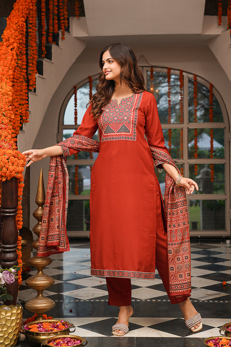 brown rayon blend ajrakh printed straight kurta trousers with dupatta