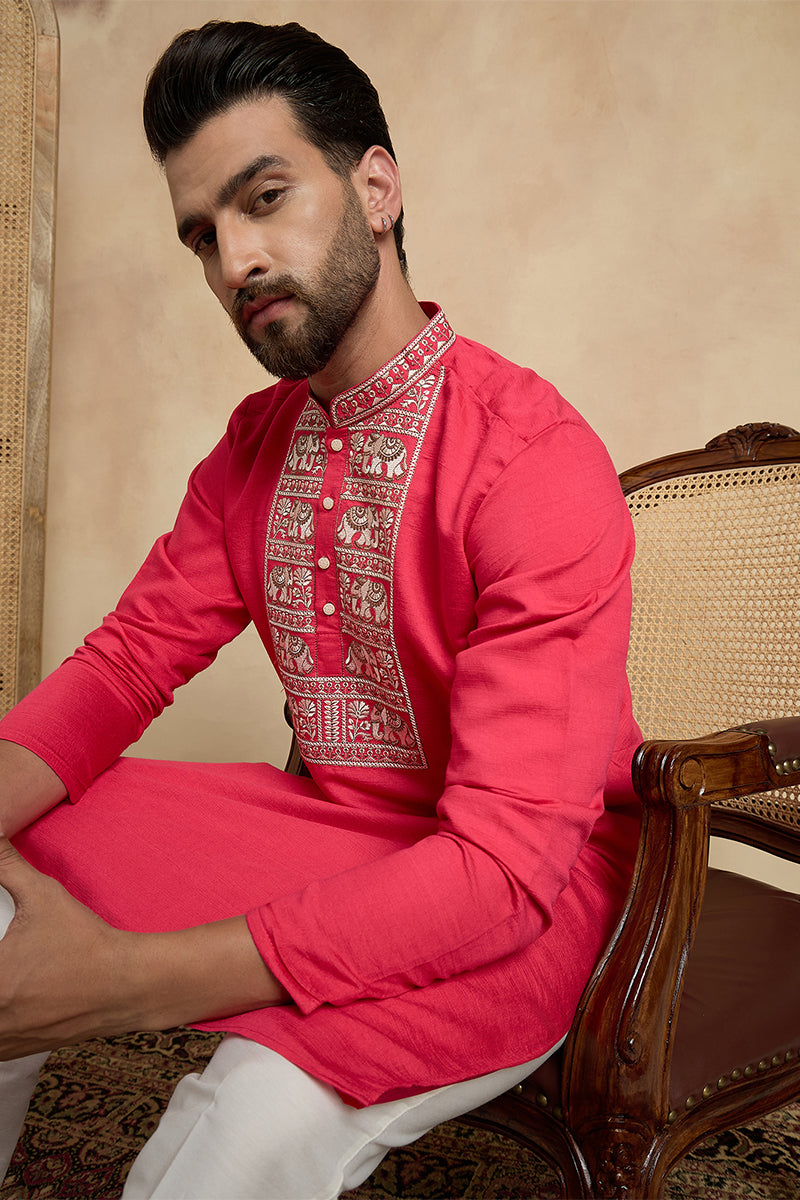 Mens Pink Viscose Rayon Solid Embroidered Thread Work Kurta With Trouser