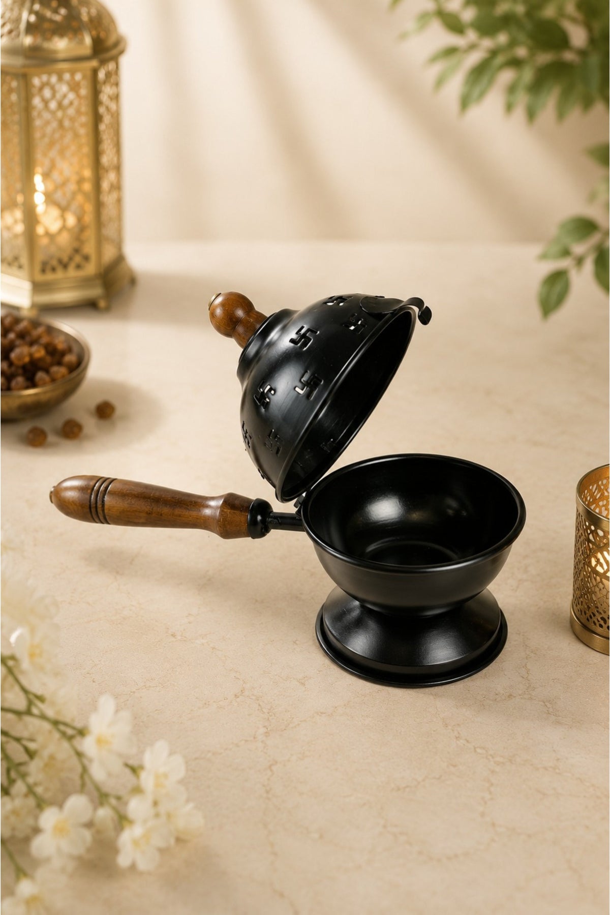 premium metal loban burner with wooden handle 3 free loban cups heat resistant incense burner for loban dhoop sambrani cups bakhoor camphor home temple meditation pooja decor