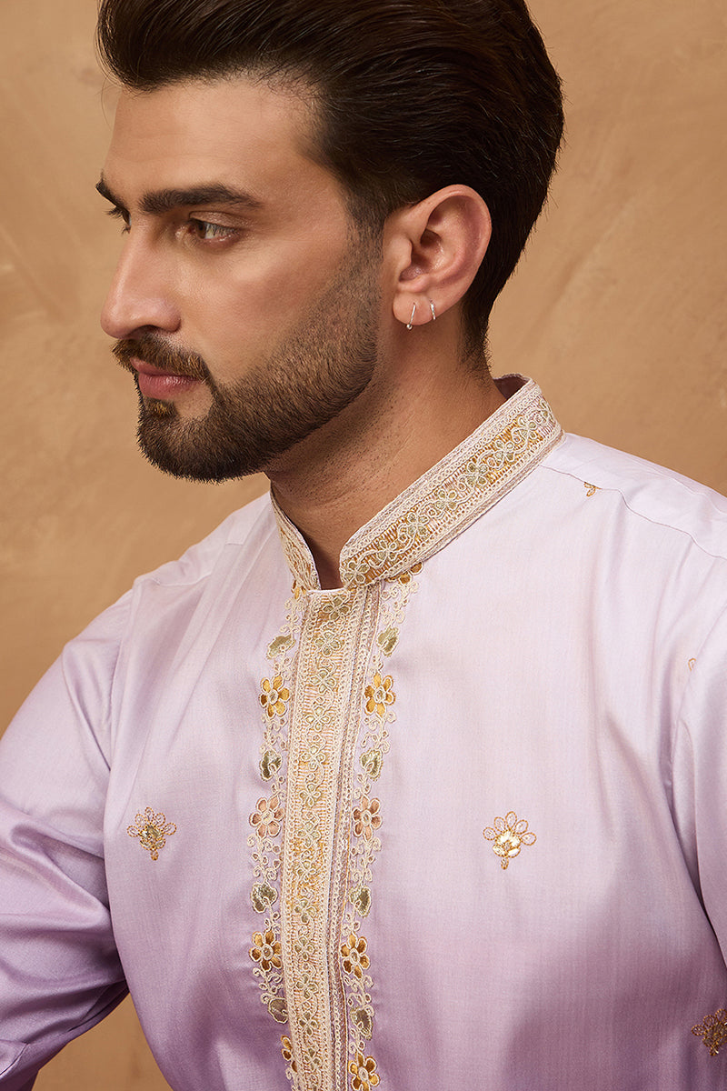 Purple Silk Blend Solid Embroidered Straight Kurta