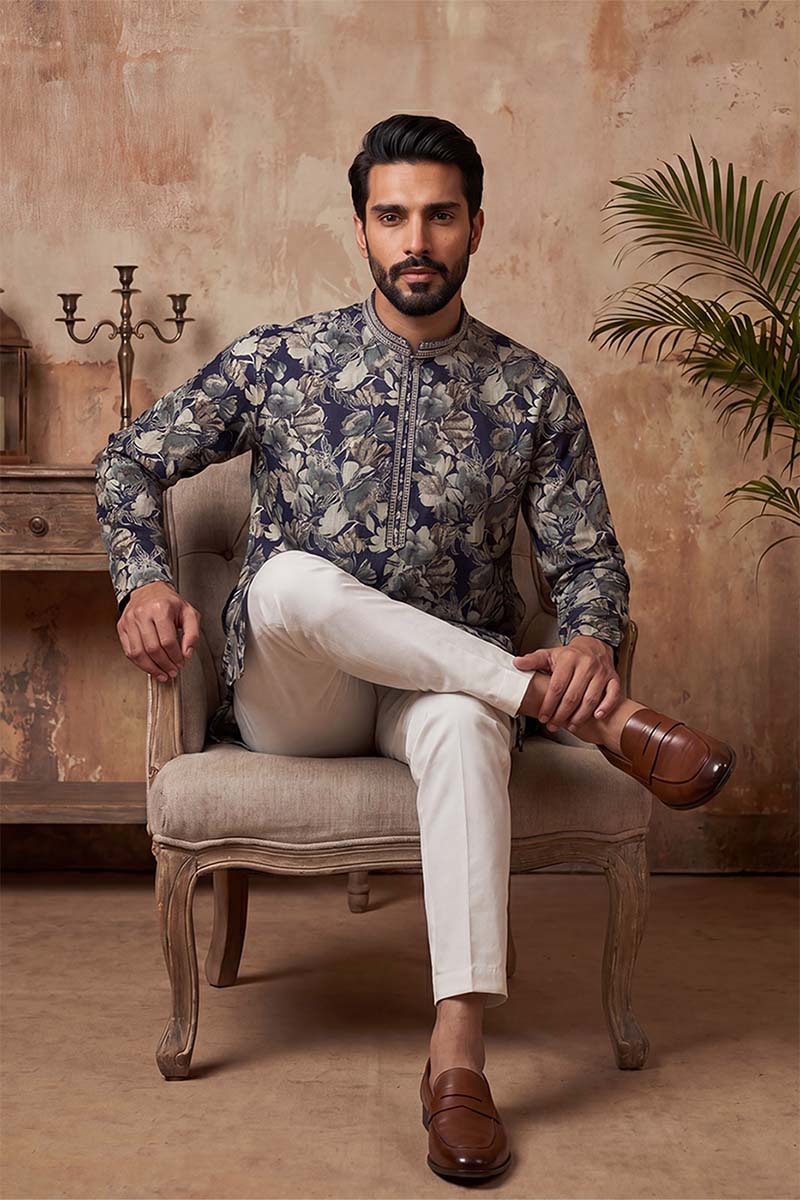 Mens Blue Viscose Rayon Floral Printed Kurta With Trousers