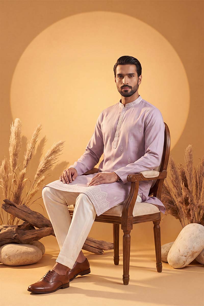 Mens Lavender Silk Blend Solid Embroidered Kurta With Trousers