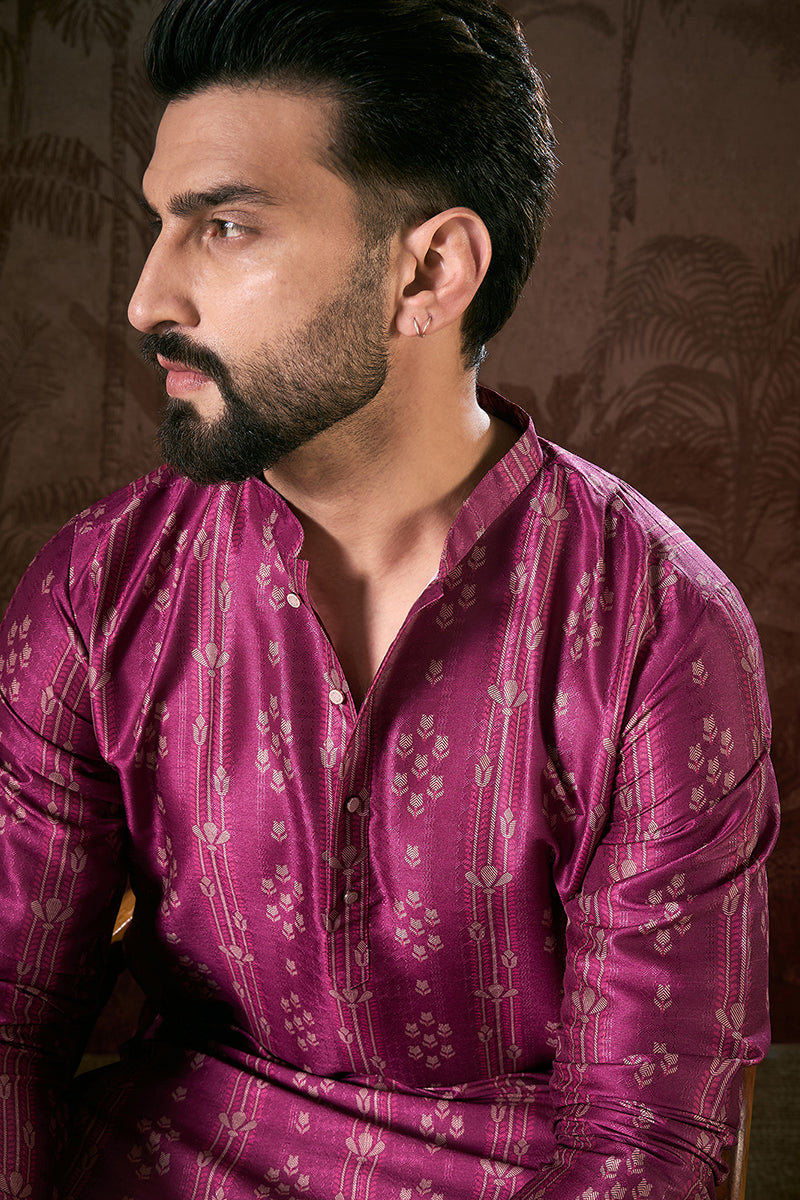 Purple Silk Blend Floral Printed Straight Kurta