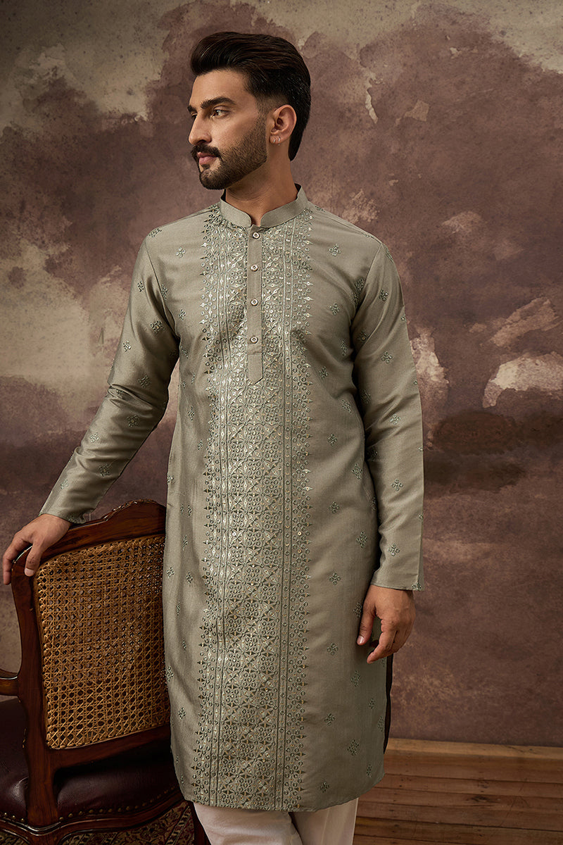 Mavue Silk Blend Solid Embroidered Straight Kurta with Trouser
