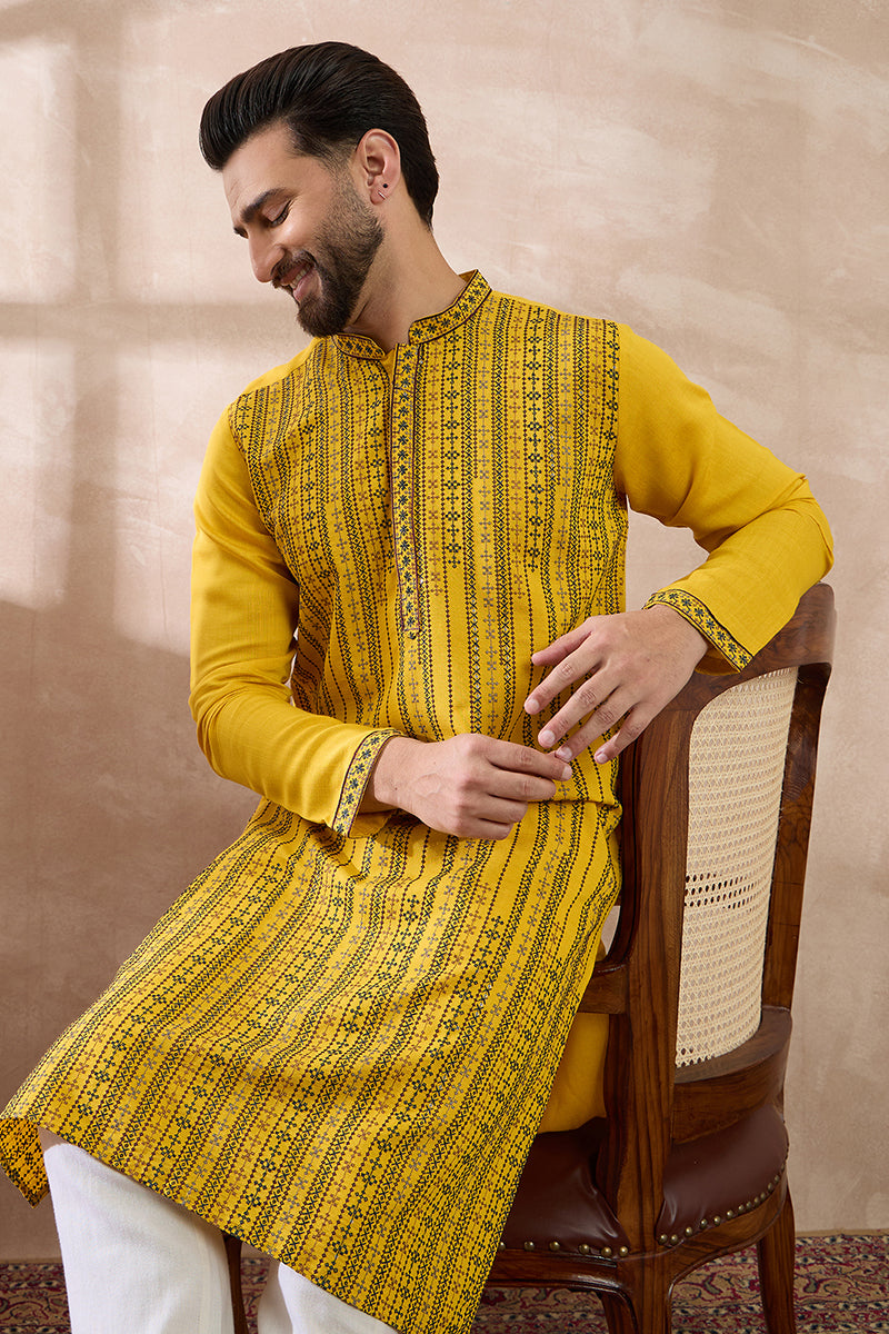 Yellow Silk Blend Embroidered Mandarin Collar Straight Kurta With Trouser