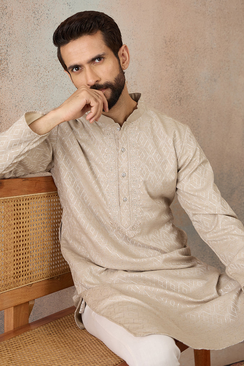 Mens Beige Linen Blend Geometric Woven Design Kurta