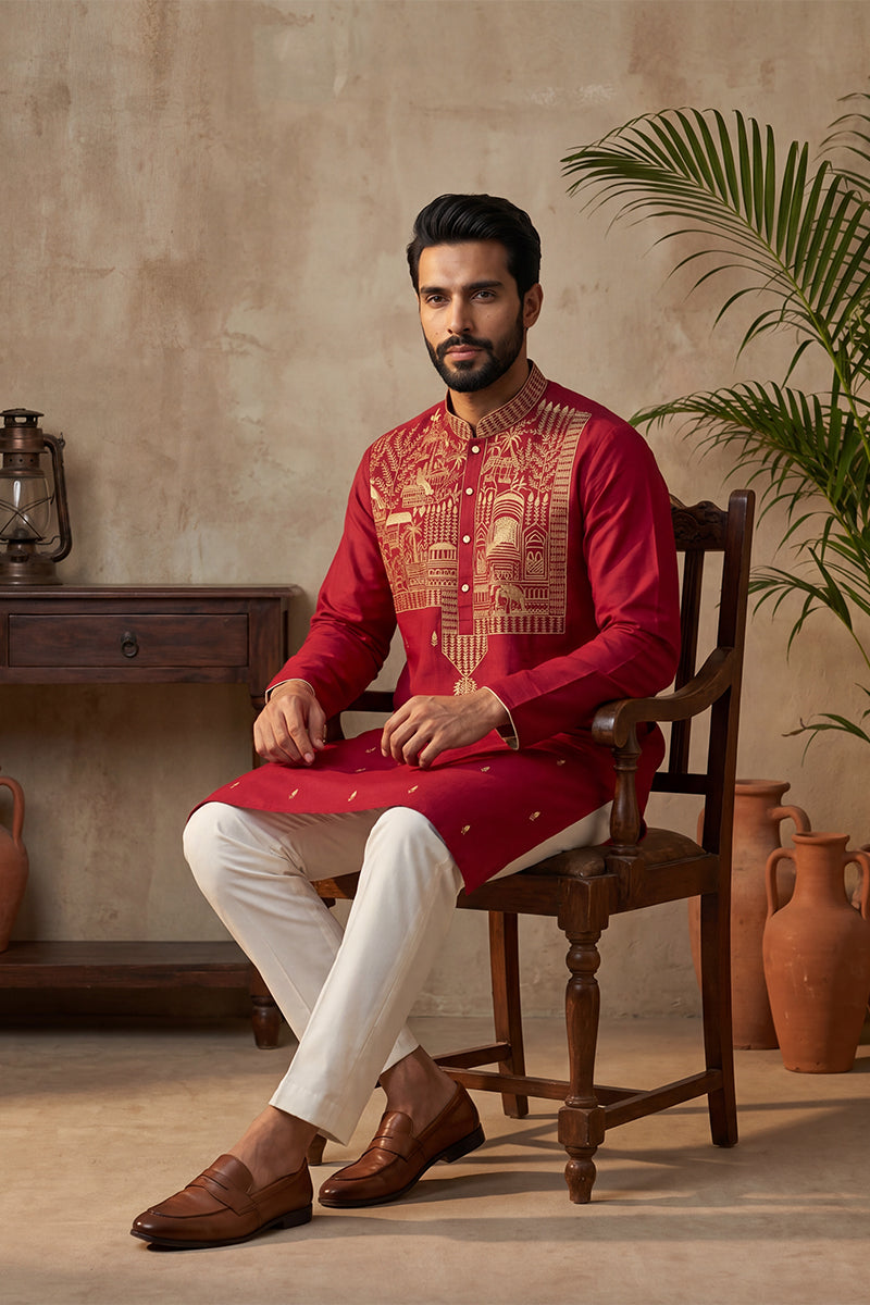 Mens Red Silk Blend Solid Emboidered Straight Kurta With Trouser