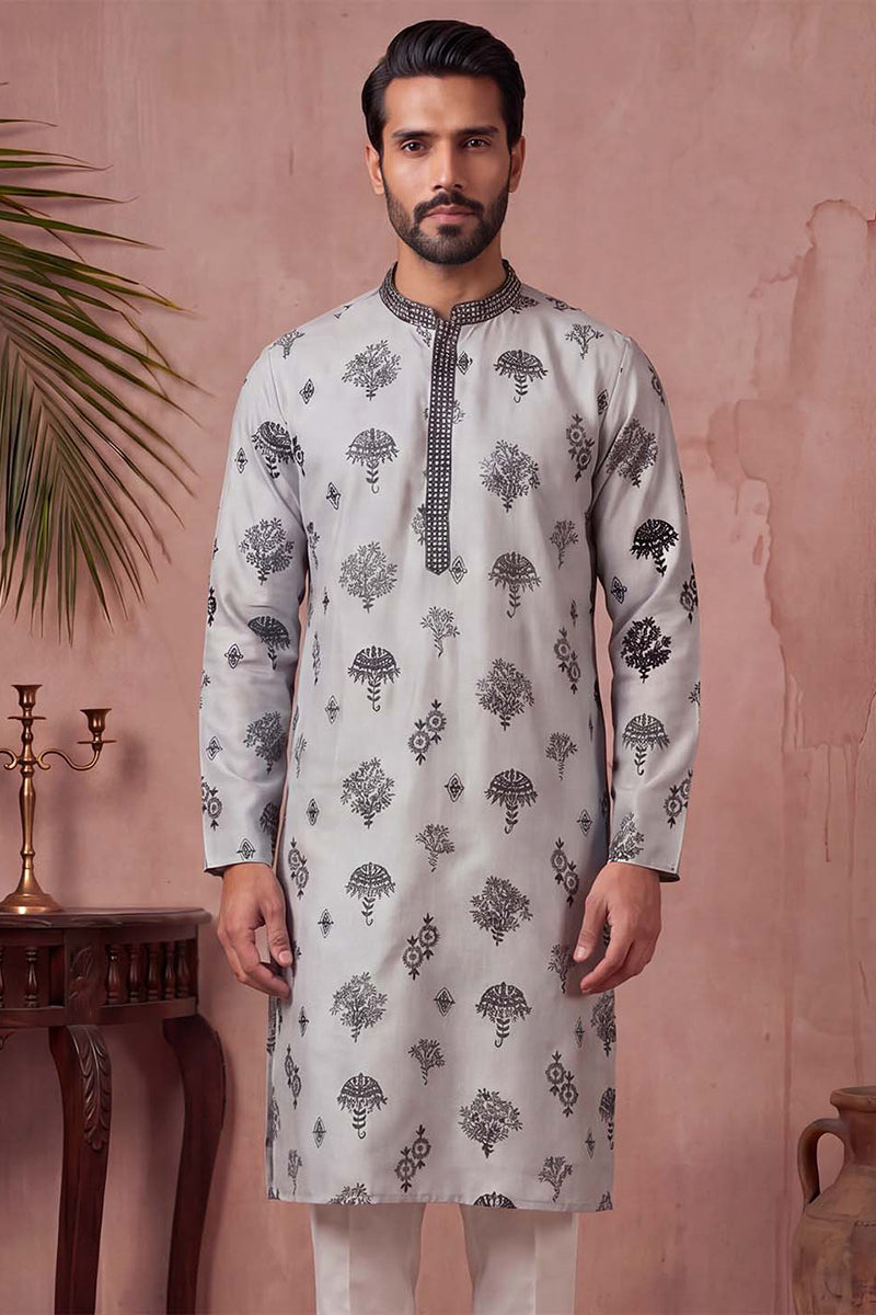 Mens Silk Blend Embroidered Solid Blue Kurta With Trousers