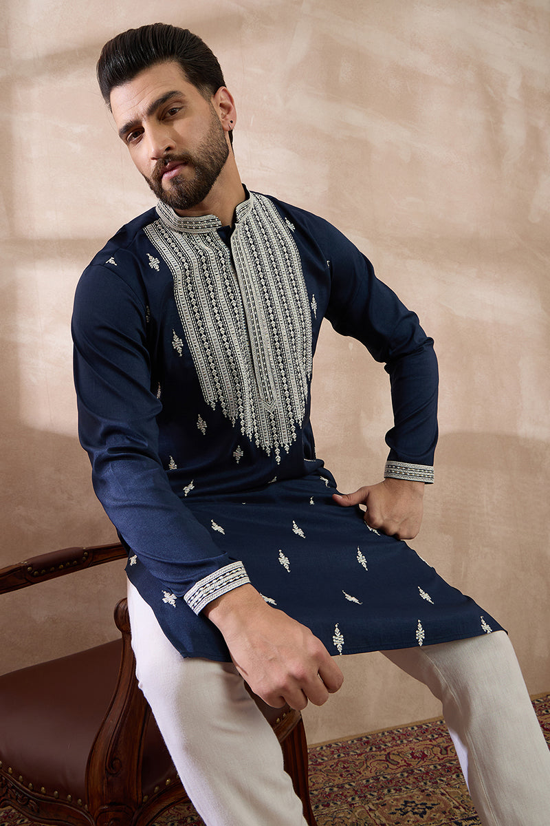 Navy Blue Silk Blend Embroidered Mandarin Collar Straight Kurta With Trouser