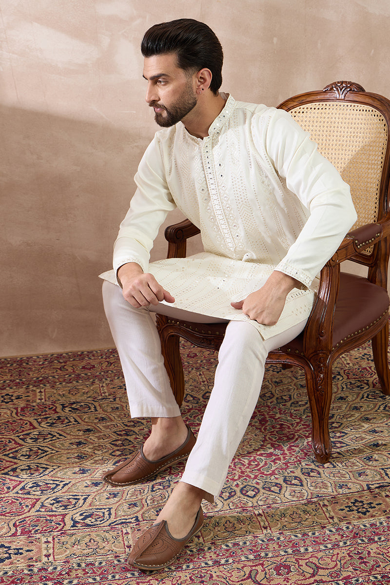 White Silk Blend Embroidered Mandarin Collar Straight Kurta With Trouser