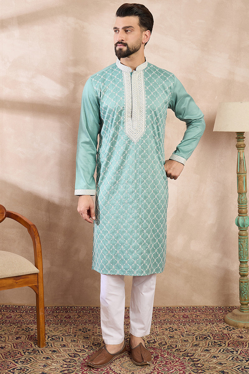 Teal Silk Blend Geometric Embroidered Straight Kurta With Trouser