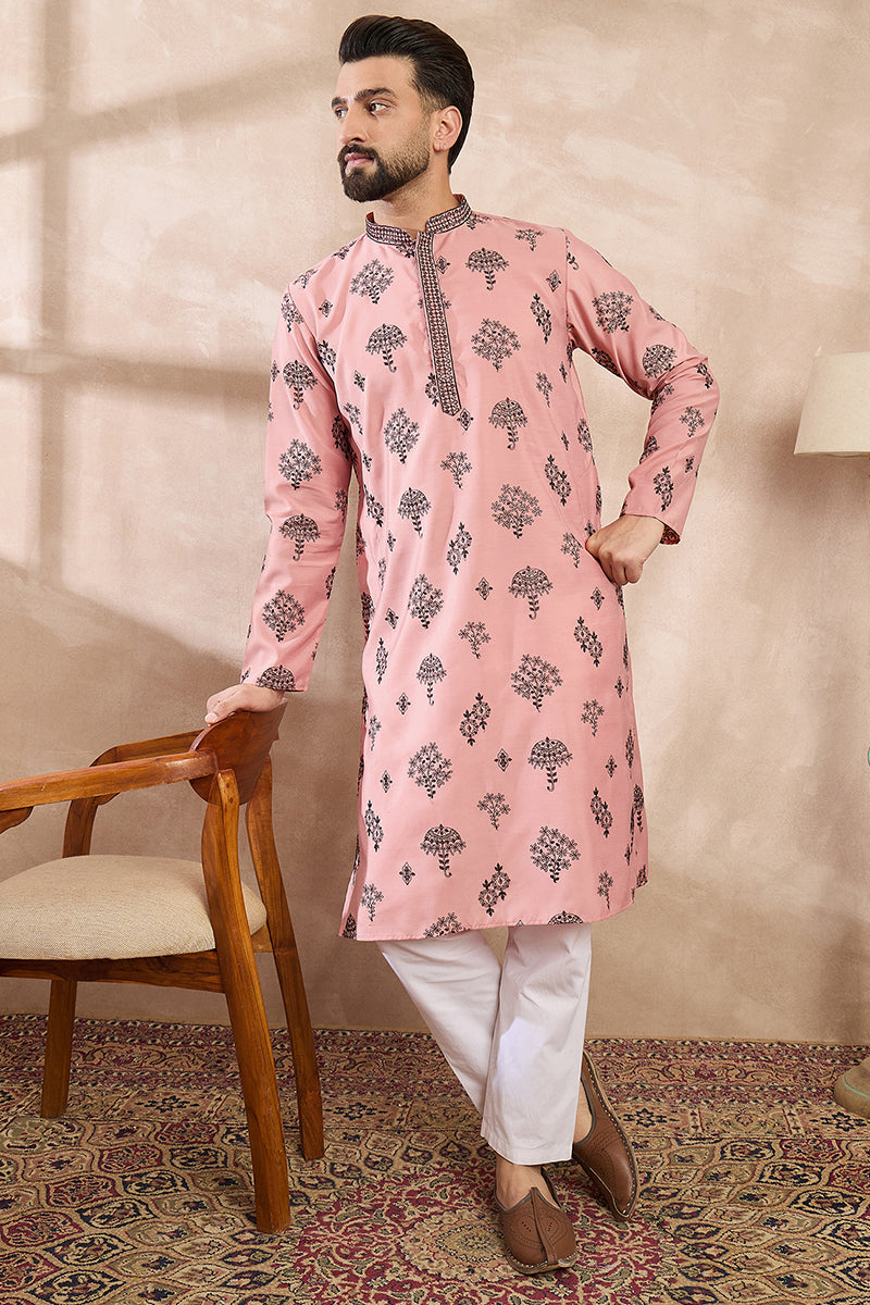 Peach Silk Blend Solid Embroidered Straight Kurta