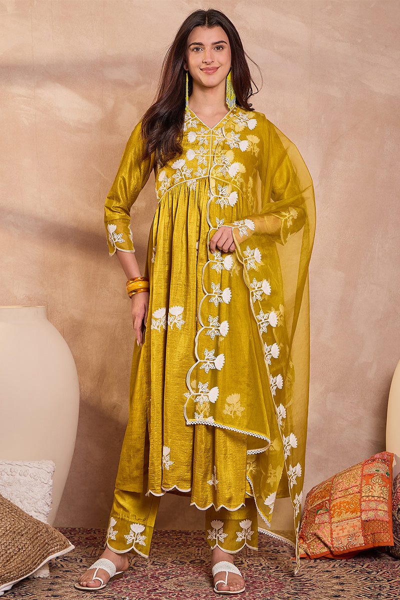 mustard silk blend solid embroidered a line kurta trouser with dupatta