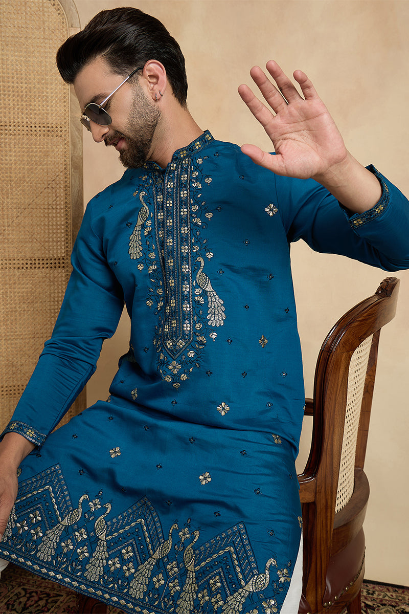 Mens Teal Silk Blend Solid Embroidered Thread Work Kurta