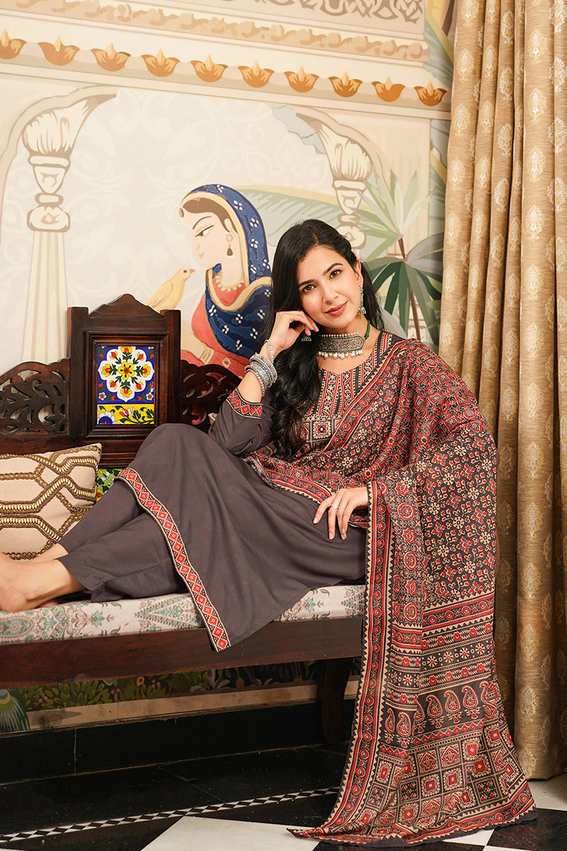 black rayon blend ajrakh printed straight kurta trousers with dupatta