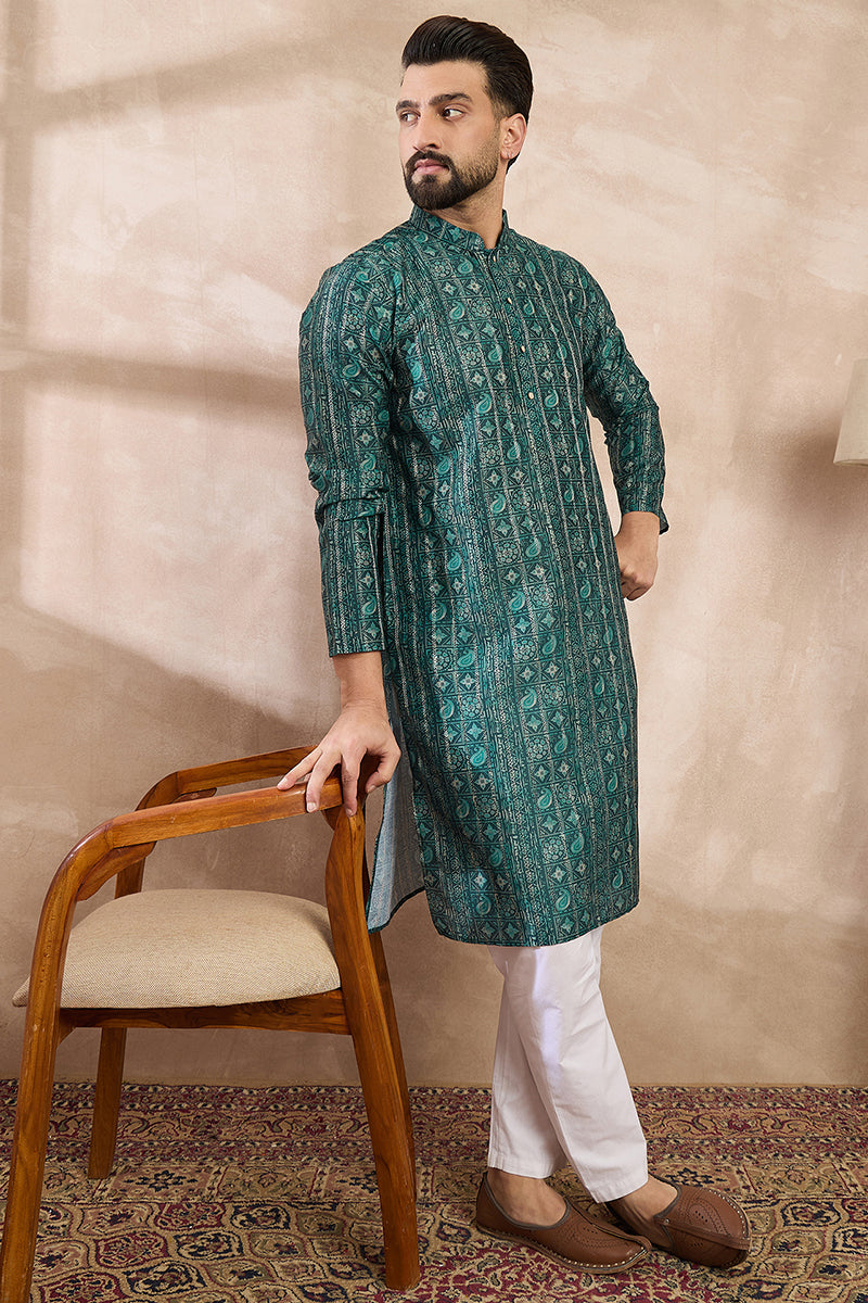 Green Silk Blend Ethnic Motifs Printed Straight Kurta With Trouser