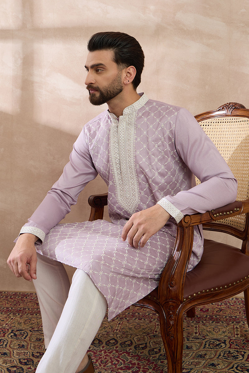 Lavender Silk Blend Embroidered Mandarin Collar Straight Kurta