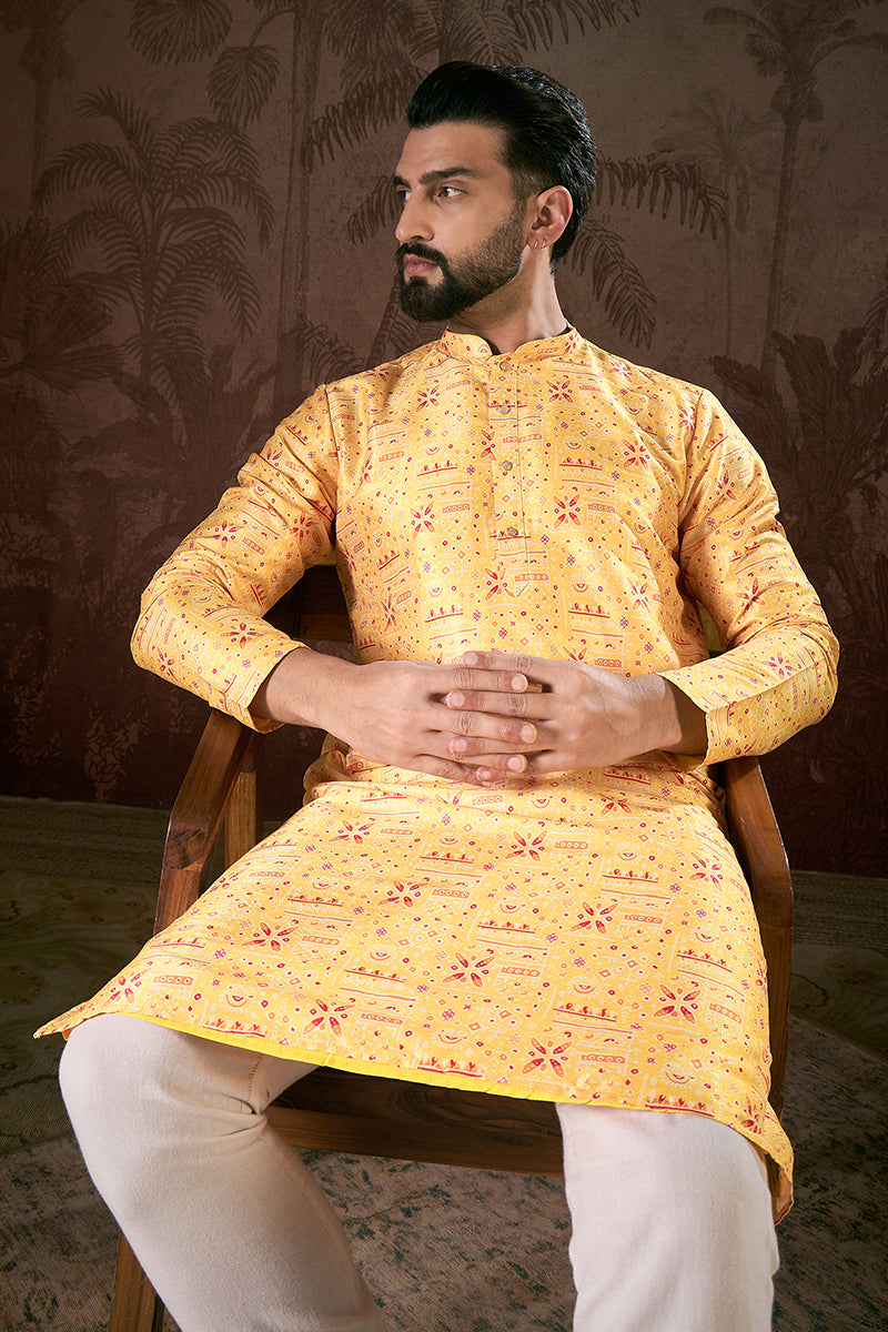 Yellow Silk Blend Ethnic Motifs Printed Straight Kurta With Trouser