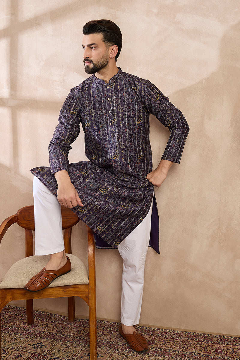 Violet Silk Blend Ethnic Motifs Printed Straight Kurta