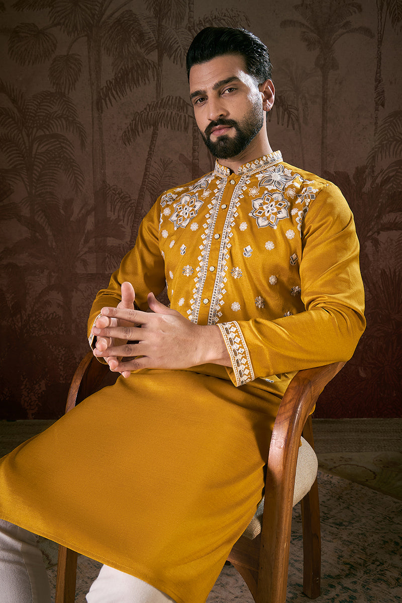 Mustard Silk Blend Solid Embroidered Straight Kurta