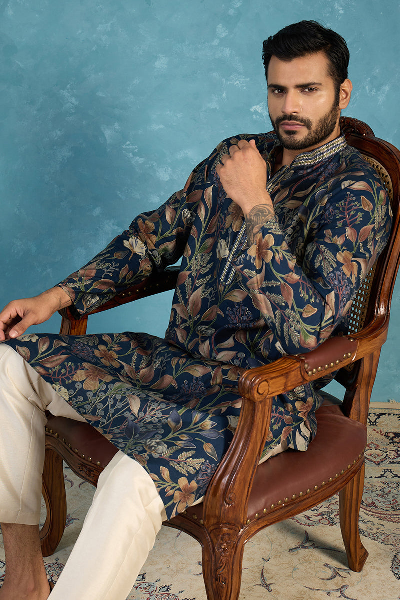 Mens Blue Modal Floral Printed Calf Length Straight Regular Kurta With Trouser