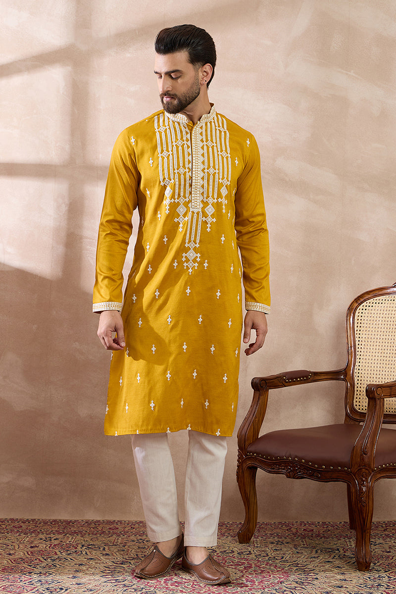 Yellow Silk Blend Embroidered Mandarin Collar Straight Kurta With Trouser